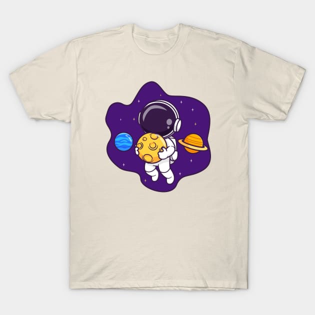 Cute Astronaut Floating In Space With Planet And Holding  Moon Cartoon T-Shirt by Catalyst Labs